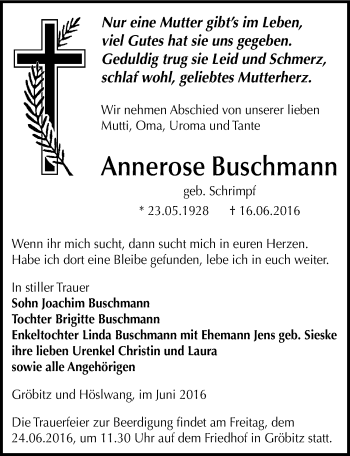 Traueranzeige von Annerose Buschmann von Mitteldeutsche Zeitung Weißenfels