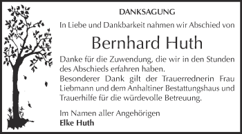 Traueranzeige von Bernhard Huth von WVG - Wochenspiegel Dessau / Köthen