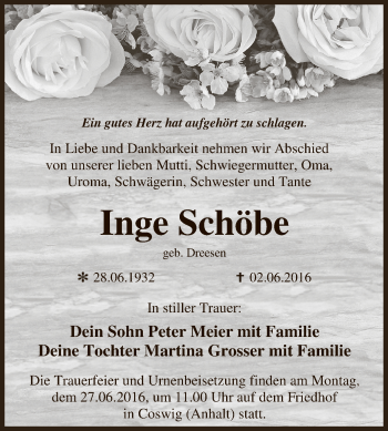 Traueranzeige von Inge Schöbe von WVG - Wochenspiegel Dessau / Köthen