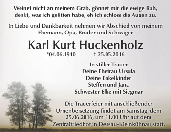 Traueranzeige von Karl Kurt Huckenholz von WVG - Wochenspiegel Dessau / Köthen