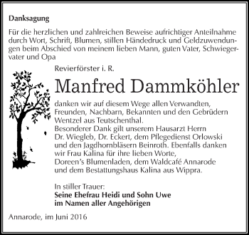 Traueranzeige von Manfred Dammköhler von Wochenspiegel Mansfelder Land
