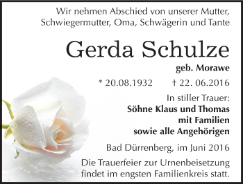 Traueranzeige von Gerda Schulze von Mitteldeutsche Zeitung Merseburg/Querfurt