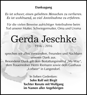 Traueranzeige von Gerda Jeschke von Mitteldeutsche Zeitung Weißenfels