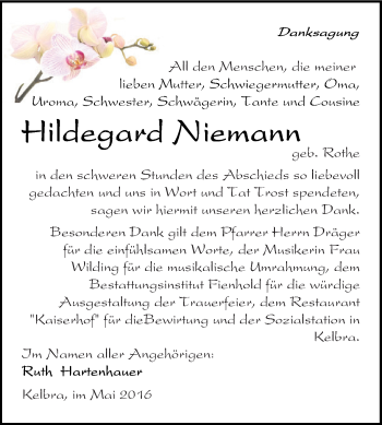 Traueranzeige von Hildegard Niemann von Super Sonntag SGH Mansf. Land