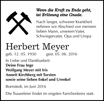 Traueranzeige von Herbert Meyer von Mitteldeutsche Zeitung Mansfelder Land