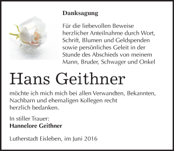 Traueranzeige von Hans Geithner von Mitteldeutsche Zeitung Mansfelder Land