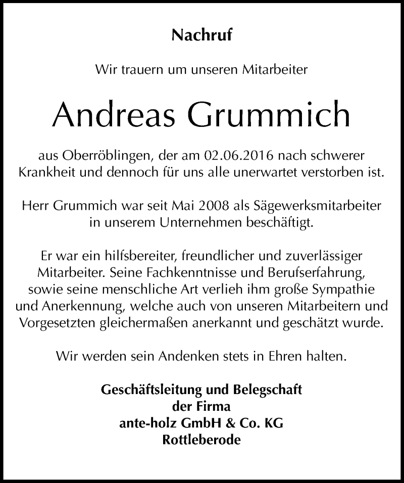  Traueranzeige für Andreas Grummich vom 11.06.2016 aus Mitteldeutsche Zeitung Sangerhausen