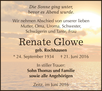 Traueranzeige von Renate Glowe von Super Sonntag Zeitz