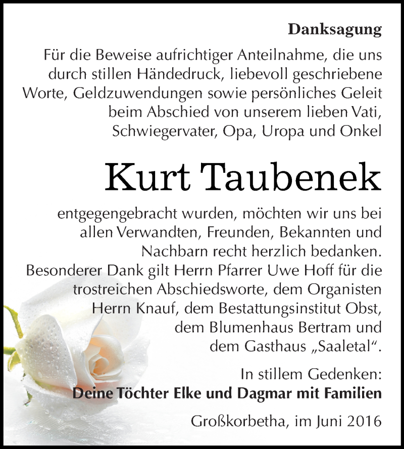  Traueranzeige für Kurt Taubenek vom 22.06.2016 aus Super Sonntag Merseburg