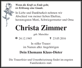 Traueranzeige von Christa Zimmer von WVG - Wochenspiegel Dessau / Köthen