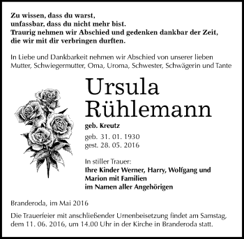 Traueranzeige von Ursula Rühlemann von Mitteldeutsche Zeitung Merseburg/Querfurt