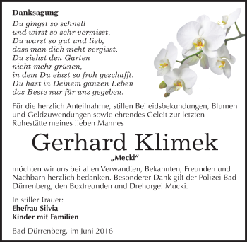 Traueranzeige von Gerhard Klimek von Mitteldeutsche Zeitung Merseburg/Querfurt