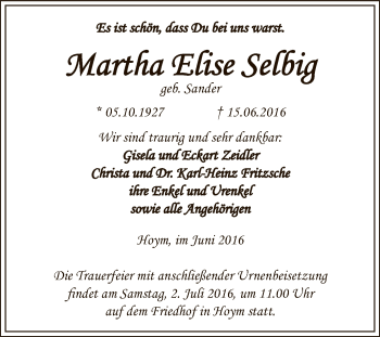 Traueranzeige von Martha Elise Meier von Super Sonntag Aschersleben