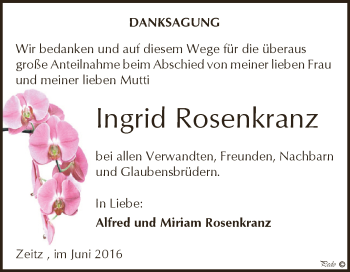 Traueranzeige von Ingrid Rosenkranz von Super Sonntag Zeitz