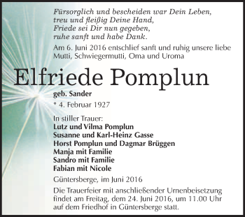 Traueranzeige von Elfriede Pomplun von WVG - Wochenspiegel Quedlinburg