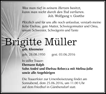 Traueranzeige von Brigitte Müller von WVG - Wochenspiegel Merseburg