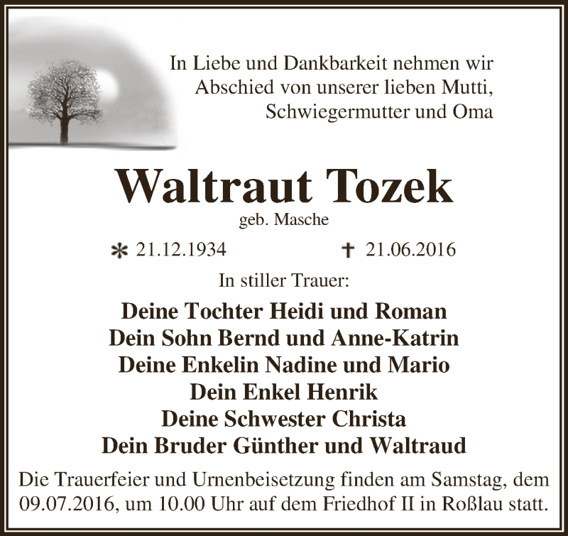  Traueranzeige für Waltraut Tozek vom 25.06.2016 aus WVG - Wochenspiegel Dessau / Köthen
