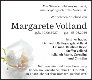 Traueranzeige von Margarete Volland von Mitteldeutsche Zeitung Halle/Saalkreis