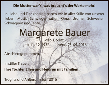 Traueranzeige von Margarete Bauer von Super Sonntag Zeitz