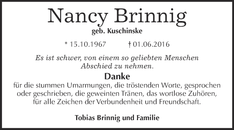  Traueranzeige für Nancy Brinnig vom 25.06.2016 aus Super Sonntag Wittenberg