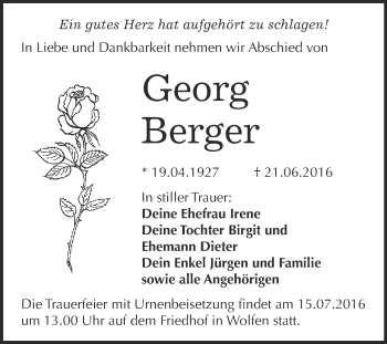 Traueranzeige von Georg Berger von WVG - Wochenspiegel Bitterfeld
