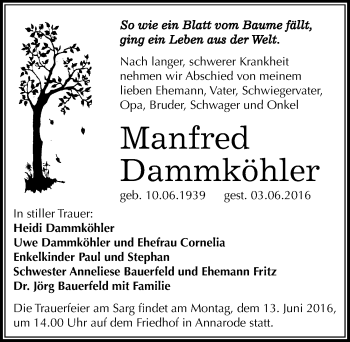 Traueranzeige von Manfred Dammköhler von Mitteldeutsche Zeitung