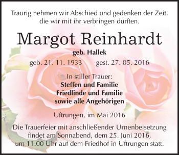 Traueranzeige von Margot Reinhardt von Mitteldeutsche Zeitung Sangerhausen