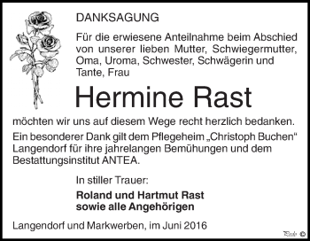 Traueranzeige von Hermine Rast von WVG - Wochenspiegel NMB / WSF / ZTZ