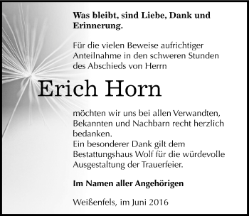 Traueranzeige von Erich Horn von Mitteldeutsche Zeitung Weißenfels