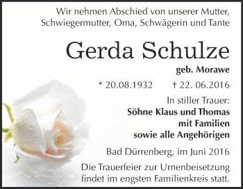 Traueranzeige von Gerda Schulze von Super Sonntag Merseburg