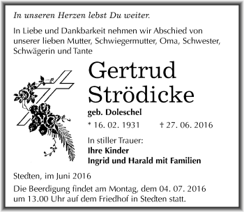 Traueranzeige von Gertrud Strödicke von Mitteldeutsche Zeitung Mansfelder Land
