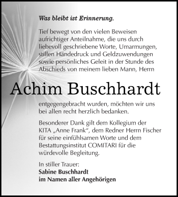 Traueranzeige von Achim Buschhardt von WVG - Wochenspiegel NMB / WSF / ZTZ