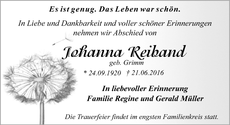  Traueranzeige für Johanna Reiband vom 29.06.2016 aus Mitteldeutsche Zeitung Dessau-Roßlau
