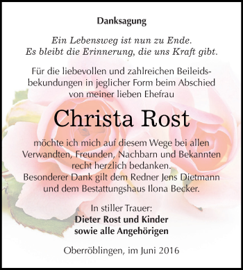 Traueranzeige von Christa Rost von Super Sonntag SGH Mansf. Land