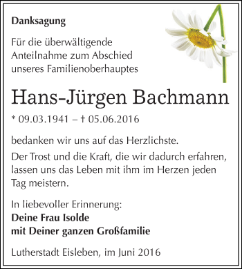 Traueranzeige von Hans-Jürgen Bachmann von Wochenspiegel Mansfelder Land