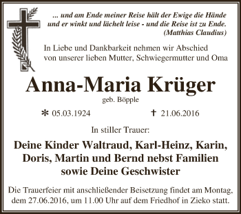 Traueranzeige von Anna-Maria Krüger von WVG - Wochenspiegel Dessau / Köthen
