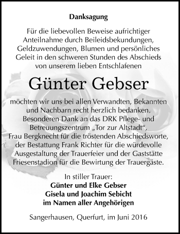Traueranzeige von Günter Gebser von Mitteldeutsche Zeitung Sangerhausen