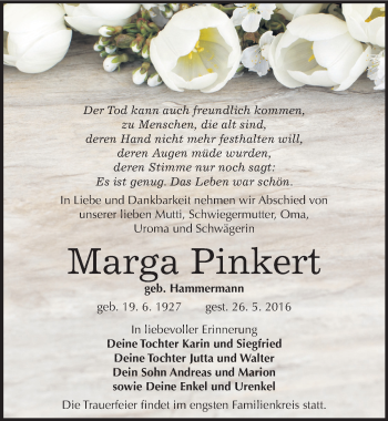 Traueranzeige von Marga Pinkert von Mitteldeutsche Zeitung Halle/Saalkreis