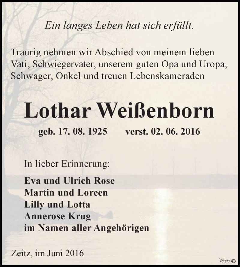  Traueranzeige für Lothar Weißenborn vom 11.06.2016 aus Super Sonntag Zeitz