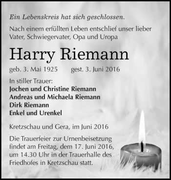 Traueranzeige von Harry Riemann von Super Sonntag Zeitz