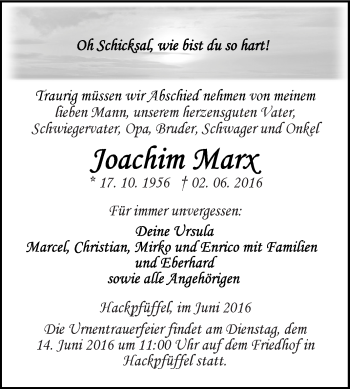 Traueranzeige von Joachim Marx von Super Sonntag SGH Mansf. Land