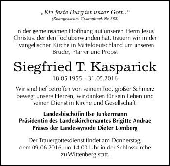 Traueranzeige von Siegfried T. Kasparick von Mitteldeutsche Zeitung