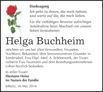 Traueranzeige von Helga Buchheim von WVG - Wochenspiegel Bitterfeld