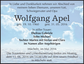 Traueranzeige von Wolfgang Apel von Mitteldeutsche Zeitung Merseburg/Querfurt