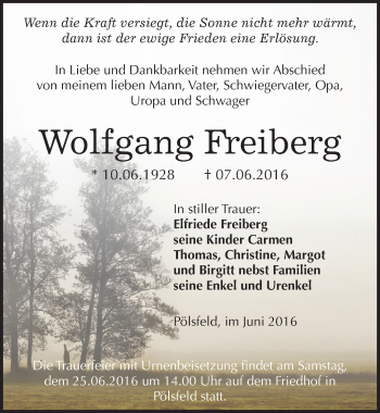 Traueranzeige von Wolfgang Freiberg von Mitteldeutsche Zeitung Sangerhausen