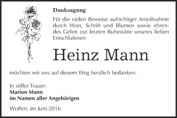 Traueranzeige von Heinz Mann von WVG - Wochenspiegel Bitterfeld
