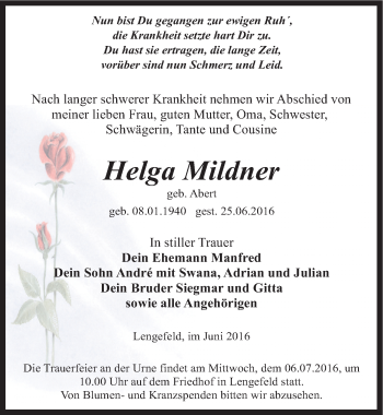 Traueranzeige von Helga Mildner von Mitteldeutsche Zeitung Sangerhausen