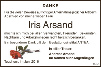 Traueranzeige von Iris Arsand von WVG - Wochenspiegel NMB / WSF / ZTZ