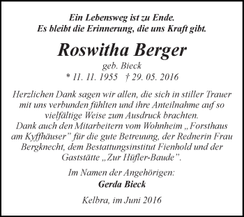 Traueranzeige von Roswitha Berger von Super Sonntag SGH Mansf. Land