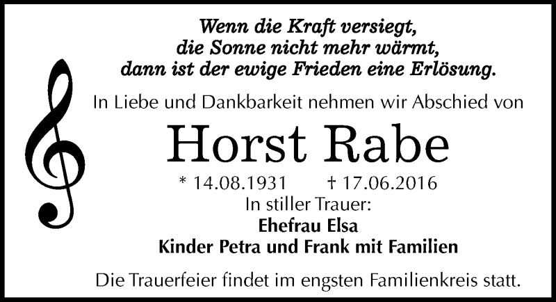  Traueranzeige für Horst Rabe vom 25.06.2016 aus Mitteldeutsche Zeitung Dessau-Roßlau